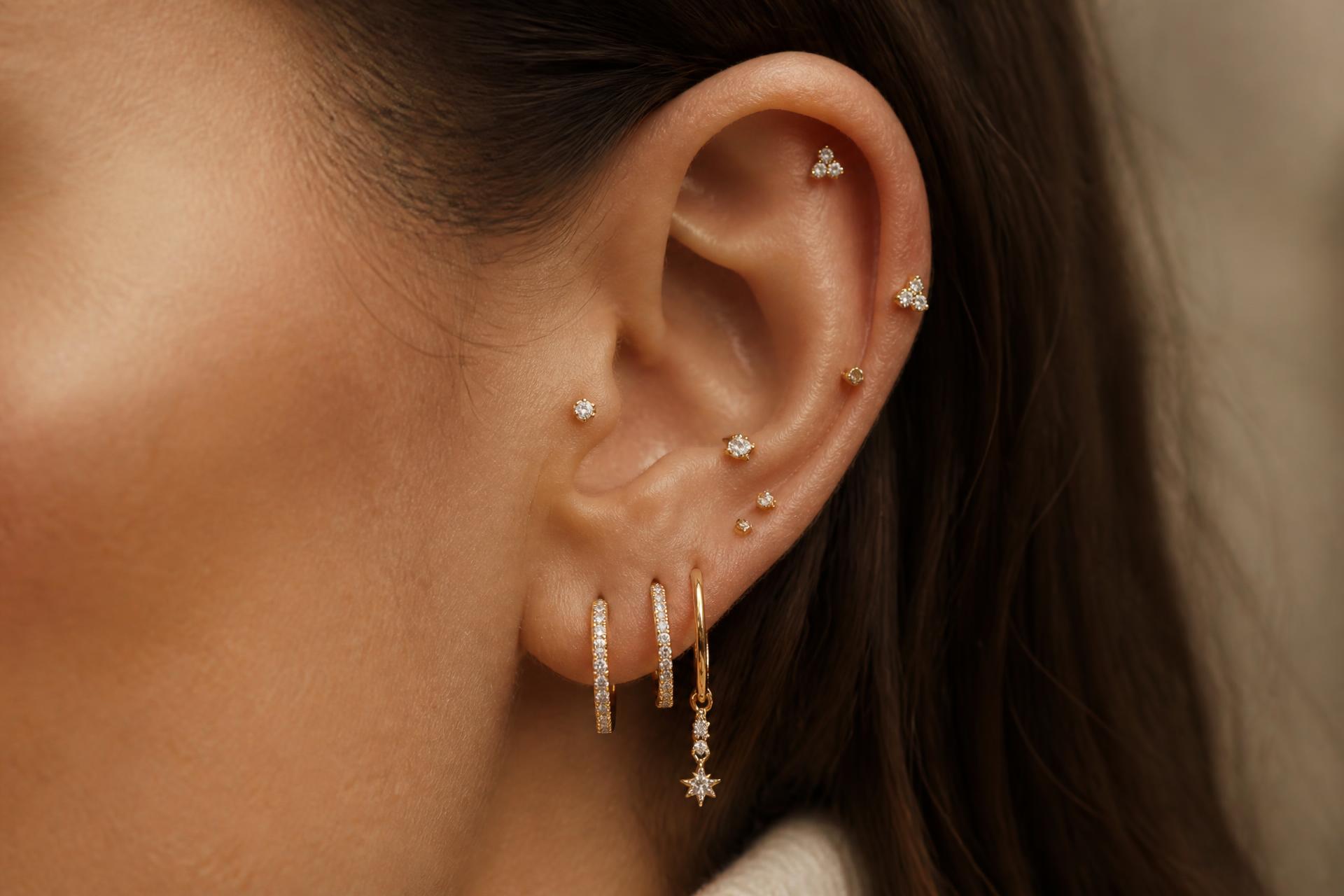 Detalhes de piercings de orelha em uma composição personalizada